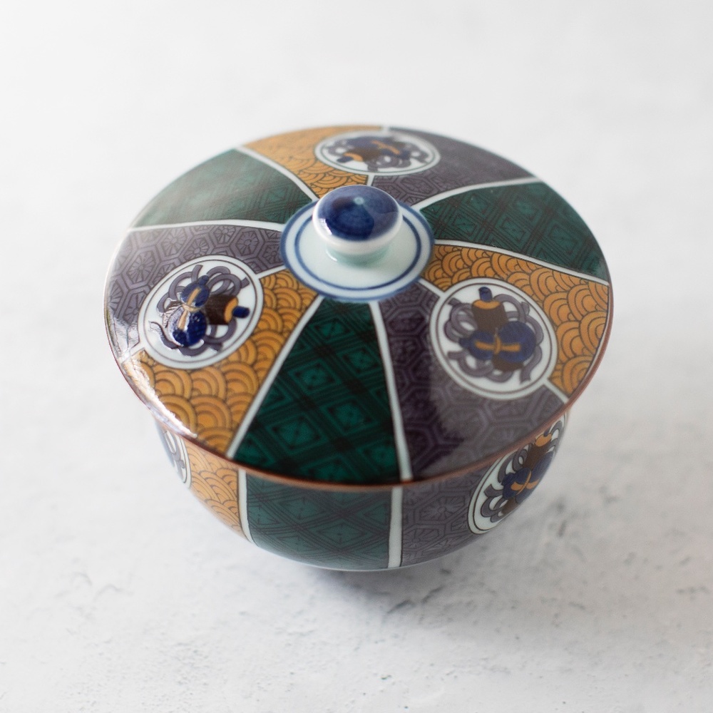 Multicolor Porcelain Lidded Bowl - Green & Gold Pattern